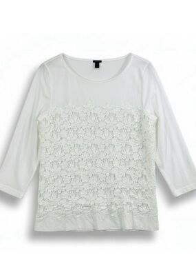 J Crew White Lace Overlay Top 3/4 Sleeve Cotton Stretch Blouse M